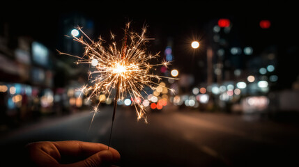 Celebrate life with vibrant sparkler held against a bokeh city backdrop at night festive occasions