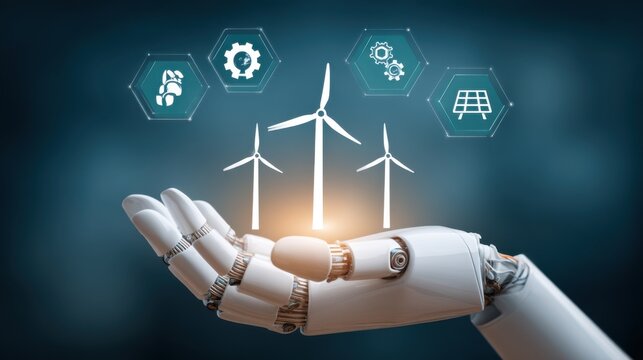 Innovative renewable energy solutions technology lab digital art futuristic environment close-up view sustainability concept