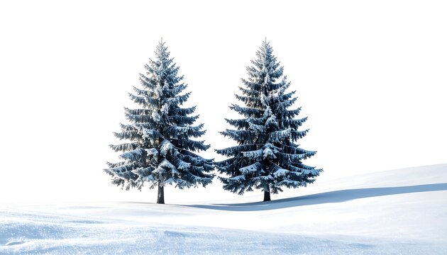 Two snow-covered evergreen trees stand tall in a winter landscape against a bright white background. The ground is covered in snow