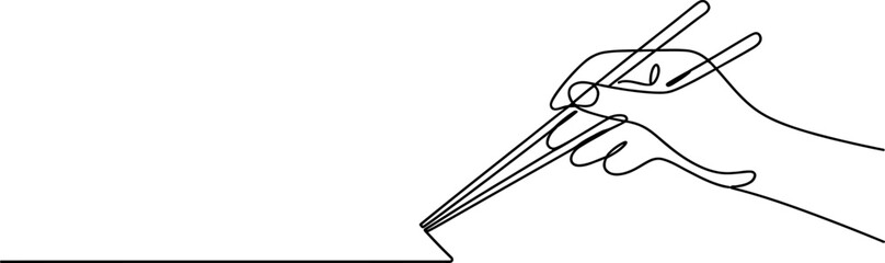 One continuous line drawing of a hand holding chopsticks, symbolizing creativity, asian cuisine, skill, precision, and minimalist art concept on clean background Vector