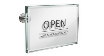 Open sign made of glass with metal holder isolated on transparent background