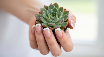 Close-up of hands holding small green succulent plant with french manicure