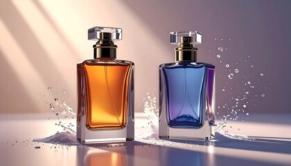Two rectangular glass fragrance bottles, one amber and one blue, sit on a reflective surface with water splashes. Soft lighting highlights their form
