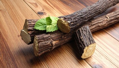Obraz premium Close-up of licorice sticks with a sprig of green mint on wooden table