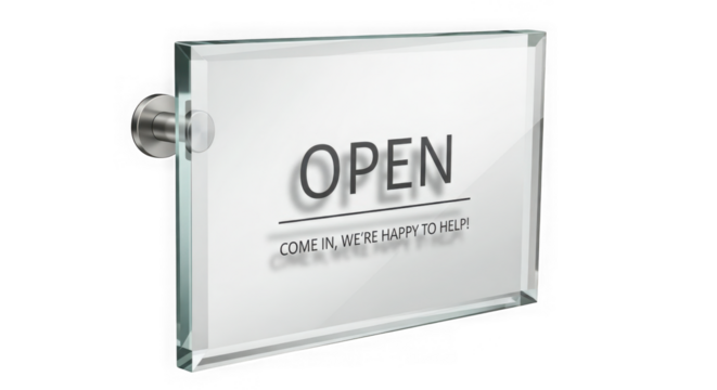 Open sign made of glass with metal holder isolated on transparent background