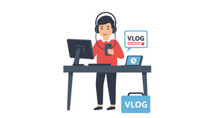 Illustration of a digital content creator recording a vlog with his multimedia devices