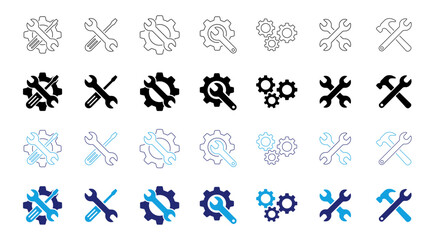 Tool repair and maintenance icon set with wrench, gear, hammer and screwdriver on transparent background.