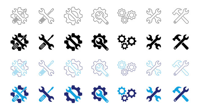 Tool repair and maintenance icon set with wrench, gear, hammer and screwdriver on transparent background.