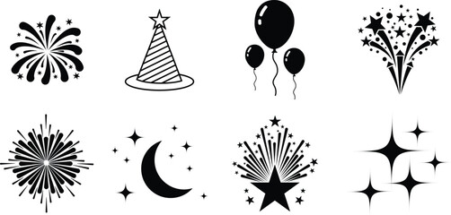 Party celebration icons vector set with balloons fireworks stars moon and hat elements isolated on white background
