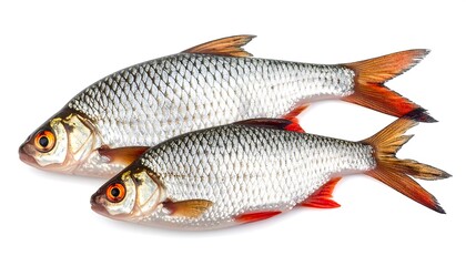 Two silver-scaled aquatic creatures are displayed against a stark white backdrop. They present vibrant orange eyes and fins accented with red and orange hues