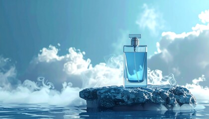 Blue perfume bottle on rock in water, cloudy sky background. Soft lighting, dreamlike feel, evoking freshness