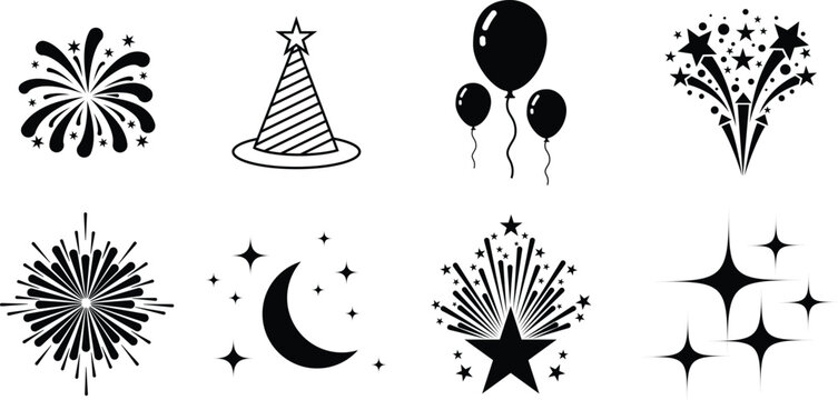 Party celebration icons vector set with balloons fireworks stars moon and hat elements isolated on white background