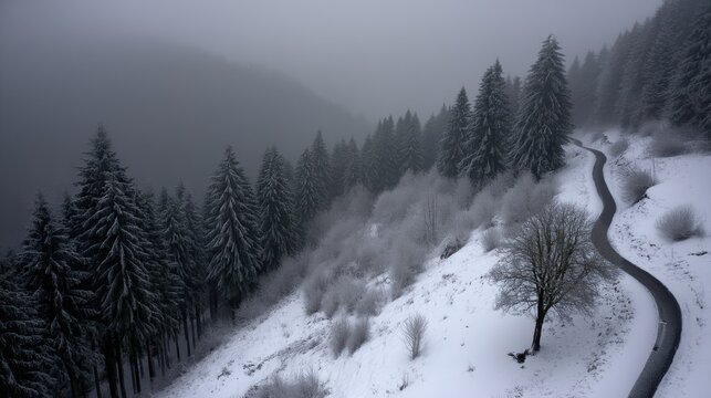 Winter wonderland snowy forest landscape with winding road foggy atmosphere aerial view nature's serenity - Powered by Adobe
