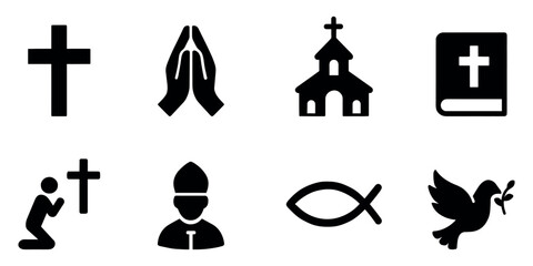 Faith icon set. Vector icon set of faith: cross, praying hands, dove, bible, candle, church, rosary, angel. Vector icon.