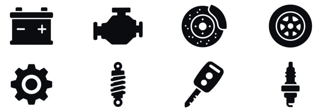 Solid style icons of vehicle parts and mechanics: steering wheel, engine icon, tire, brake pedal, car battery, oil icon, gearshift, exhaust pipe. Vector icon