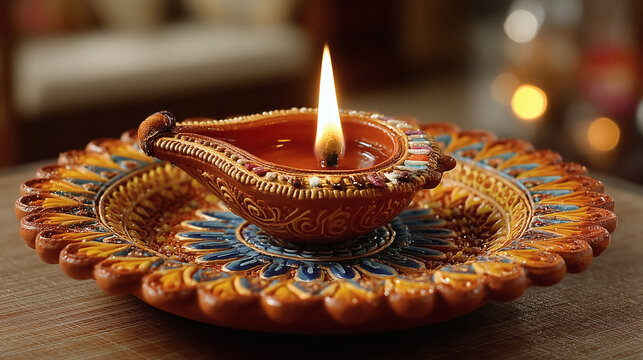 Elegant Diwali diya lamp glows warmly on decorative plate festive celebrations and cultural events