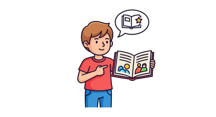 A cartoon boy proudly presenting a book about unity with a thought bubble showing a book with a star