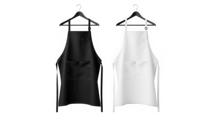 Black and white aprons on hangers isolated on transparent background