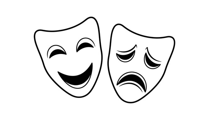 Two stylized dramatic masks representing happiness and sadness convey emotional contrast
