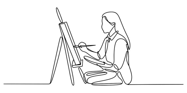 One continuous line art drawing of a female artist actively painting on an easel with a brush and palette, a minimalist creative hobby. Vector