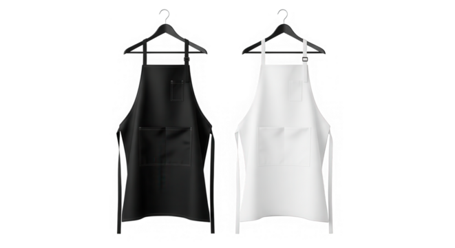 Black and white aprons on hangers isolated on transparent background