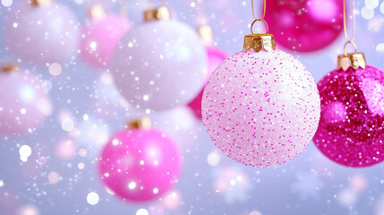 Fototapeta premium A glowing pink Christmas ornament surrounded by soft, twinkling bokeh lights, hanging above — perfect for warm New Year’s wishes and festive messages.