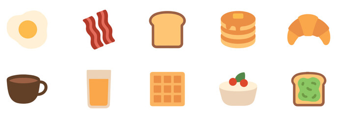 Breakfast food icon set.  Style culinary and morning meal symbols for kitchen and dining: pancakes, syrup, bacon, egg, toast, mug, other. Vector Illustration.