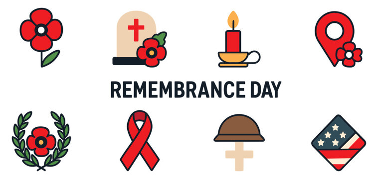 Remembrance day flat icon set. memorial, peace, tribute symbols collection Vector Illustration.
