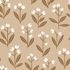 Simple Floral Print Seamless Vector Pattern Botanical Berry Plant Mocha Beige Brown Textile