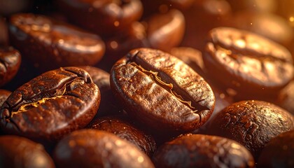Close-up shows roasted coffee beans in warm, golden light. Surface texture is visible, creating a rich, earthy scene