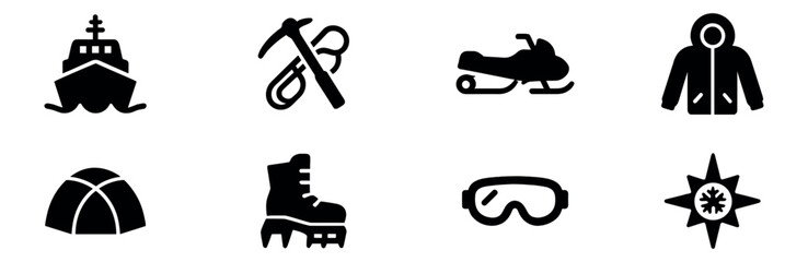 Arctic adventure silhouette icon set. polar expedition and exploration icons collection. Vector Illustration.