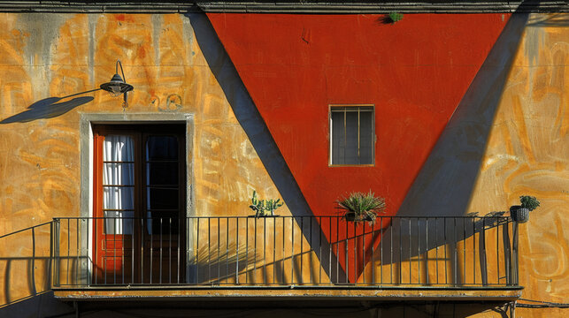 Urban building facade presenting contrasting colors and geometric shadows on a balcony