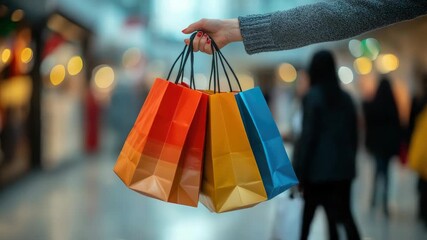 Woman's hand tightly holding colorful shopping bags in a bustling mall with bokeh lights and blurred shoppers, capturing festive holiday shopping, sales and gift buying excitement - Powered by Adobe