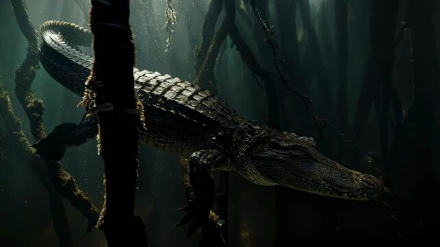 Underwater View of Crocodile Navigating Mysterious Mangrove Forest