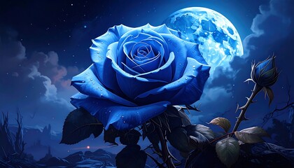 Blue rose illuminated by a glowing full moon, amidst dark landscape and clouds, a magical, ethereal scene
