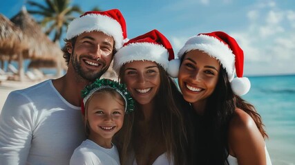 Happy family mom, dad and daughter wearing Santa hats take a sunny beach selfie on a tropical Christmas vacation, smiling and enjoying warm weather holiday fun - Powered by Adobe