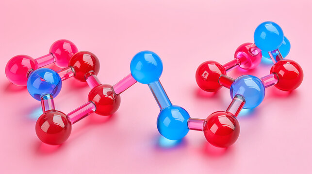 Molecular model showing atomic structure and chemical bonding on pink background