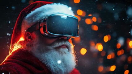 Contemporary Santa Claus wearing a sleek VR headset on a snowy Christmas night with twinkling bokeh lights, blending classic holiday charm with futuristic virtual tech