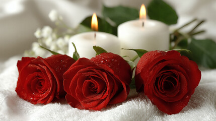Romantic red roses and soft candlelight create a mood of love and relaxation for spa or self-care advertising