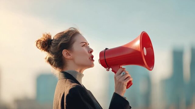 A woman speaks into a red megaphone, mouth open, against a blurred city backdrop and sky