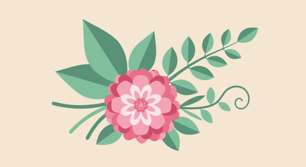 Elegant Pink Floral Arrangement with Green Leaves and Twigs on a Soft Cream Background