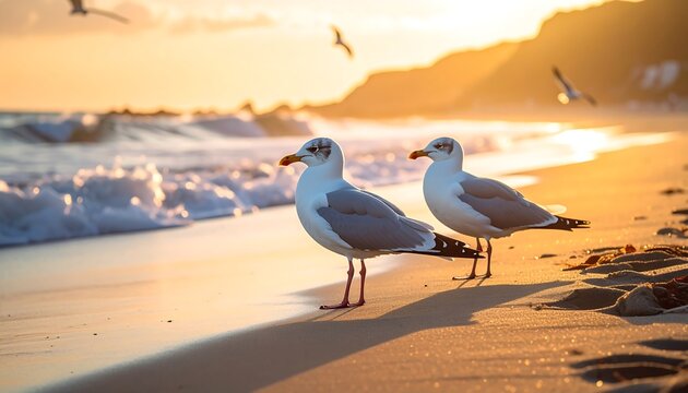 Two seagulls stand on sandy beach as golden sunlight paints the ocean and coastline