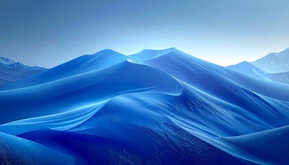 Blue sand dunes ripple, forming soft mountains under a clear, pale sky, with subtle texture and cool tones