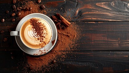 Overhead view of cappuccino with cinnamon, coffee beans, and spices on dark wood