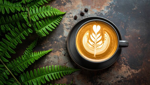 Latte art ferns: coffee cup with heart design on rustic metal surface