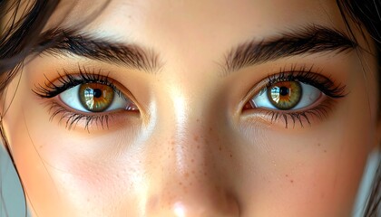 Fototapeta premium Close-up view of a woman's face, emphasizing her striking hazel eyes, flawless skin, and delicate features