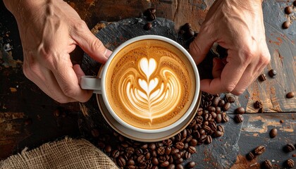 Hands holding latte art coffee cup with roasted beans and rustic surface
