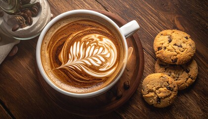 Latte art fern with chocolate chip cookies on rustic wooden table