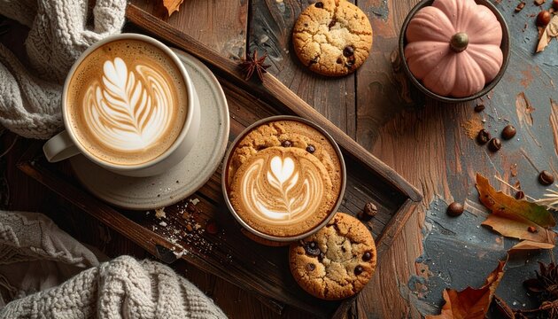 Cozy autumn coffee and cookies arrangement with latte art and pumpkin decor