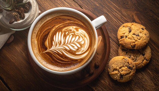 Latte art fern with chocolate chip cookies on rustic wooden table - Powered by Adobe